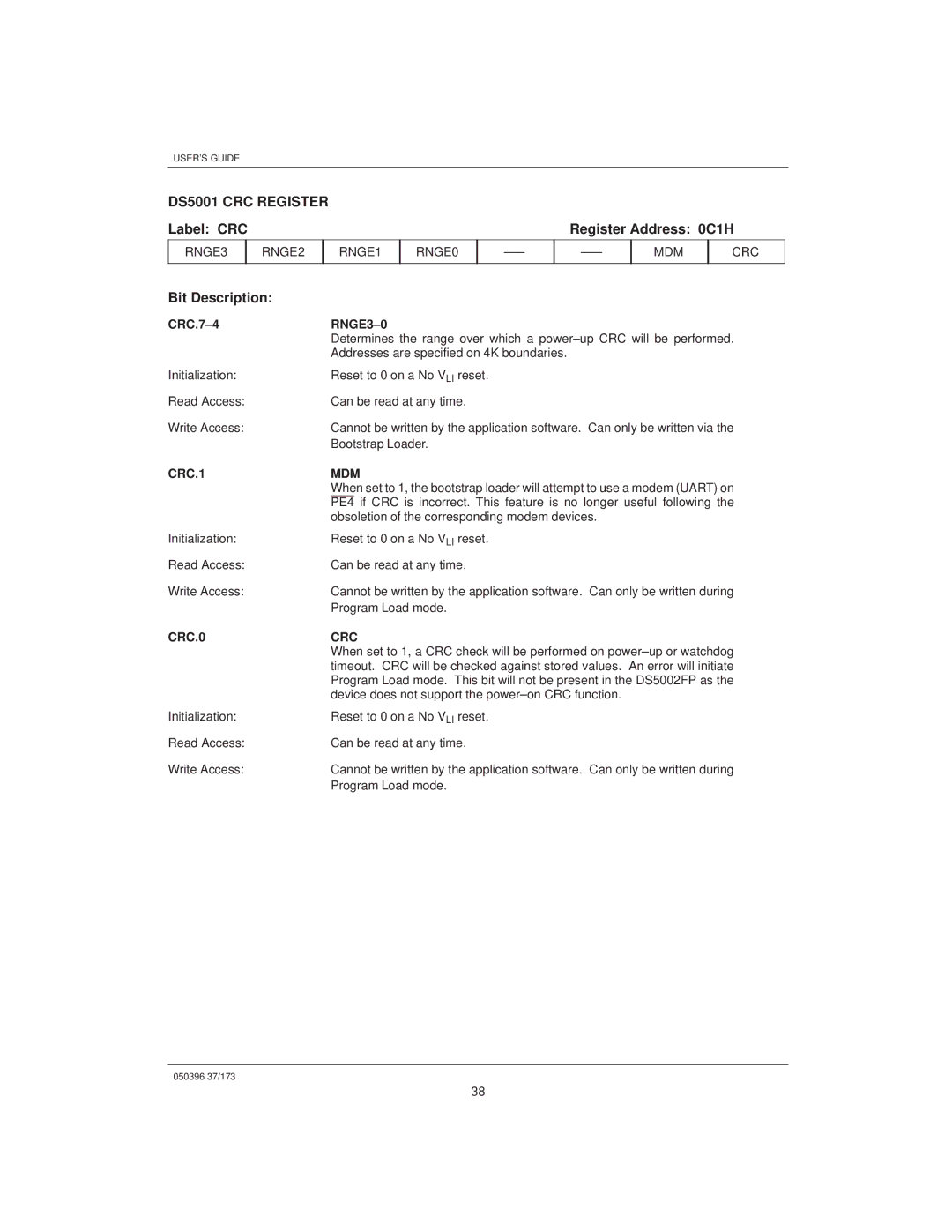 Mitsubishi DS907x SIP, DS5000TK manual DS5001 CRC Register, Label CRC Register Address 0C1H, RNGE3±0, CRC.1 MDM, CRC.0 