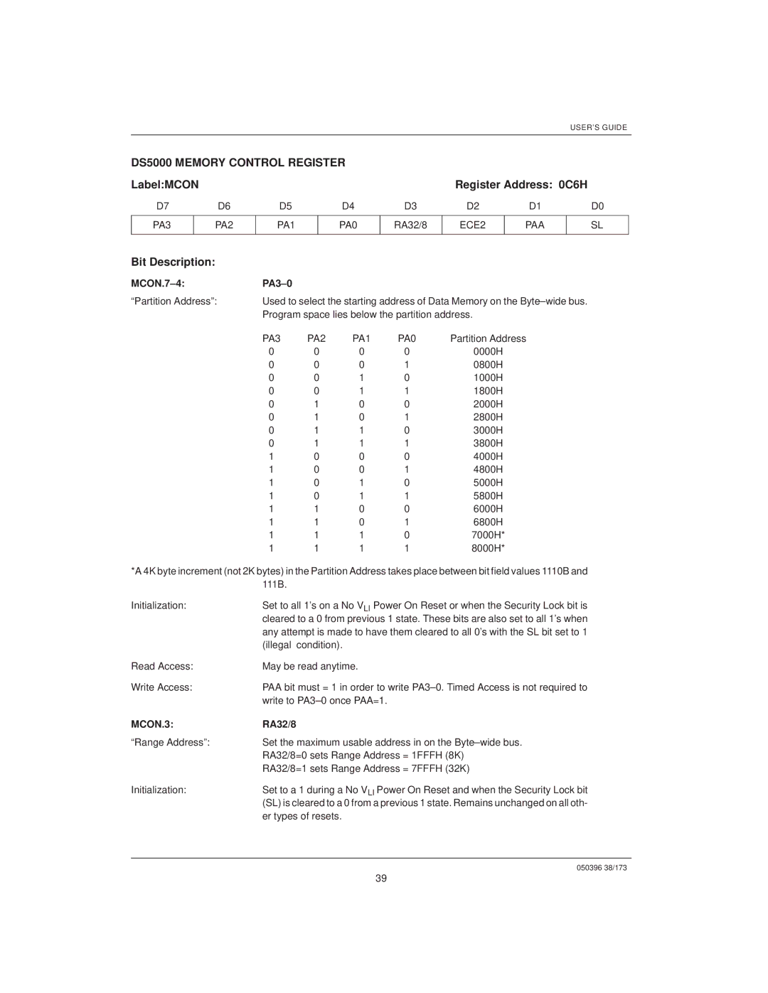 Mitsubishi DS5000TK manual DS5000 Memory Control Register, LabelMCON Register Address 0C6H, PA3 PA2 PA1 PA0, RA32/8, ECE2 