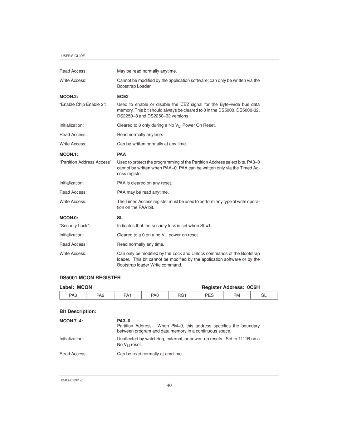 Mitsubishi DS907x SIP, DS5000TK manual DS5001 Mcon Register, Label Mcon Register Address 0C6H, MCON.0 