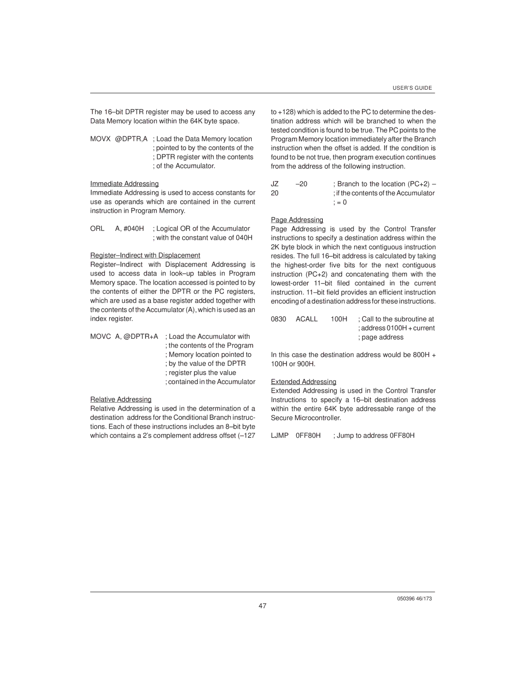 Mitsubishi DS5000TK, DS907x SIP manual ±20 Branch to the location PC+2 ±, Addressing, Acall 100H Call to the subroutine at 