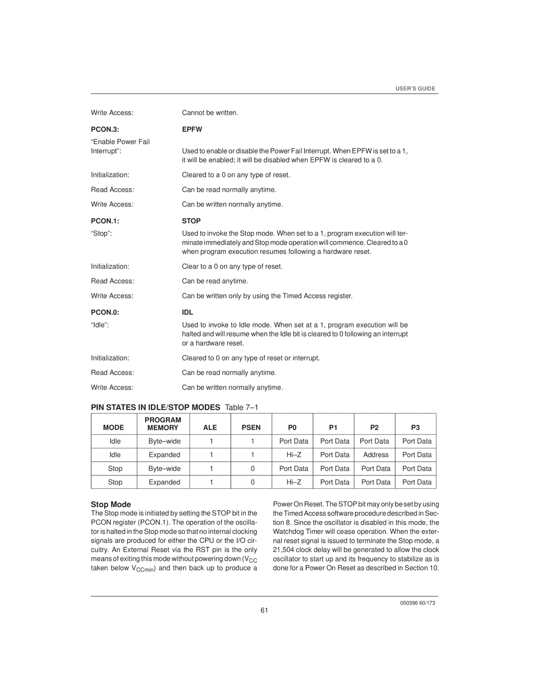 Mitsubishi DS5000TK, DS907x SIP PIN States in IDLE/STOP Modes ±1, Stop Mode, PCON.3 Epfw, Mode Program ALE Psen Memory 