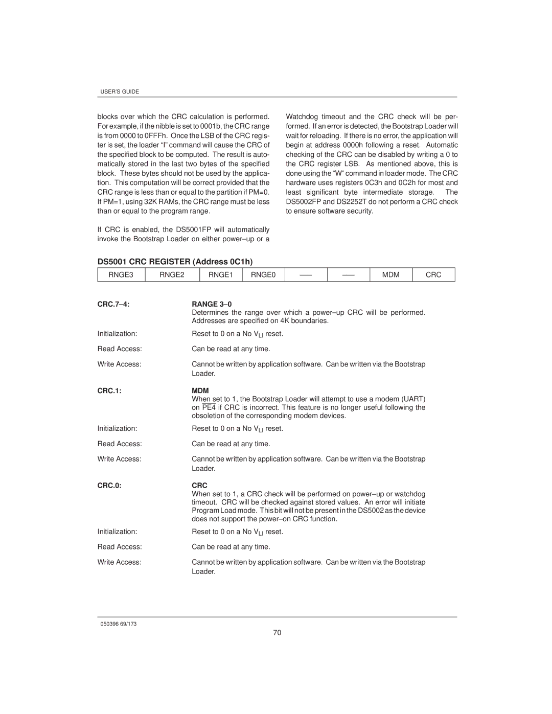 Mitsubishi DS907x SIP, DS5000TK manual DS5001 CRC Register Address 0C1h, Range 3±0, CRC.1, CRC.0, Crc 