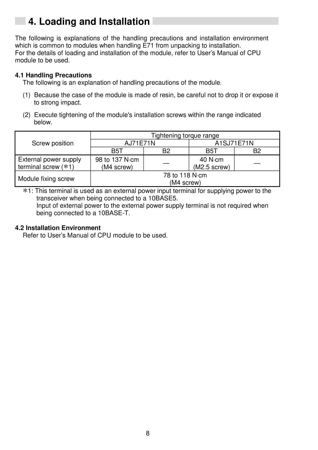 Mitsubishi AJ71E71N-B5T, E71N-U-HW, A1SJ71E71N-B5T Loading and Installation, Handling Precautions, Installation Environment 