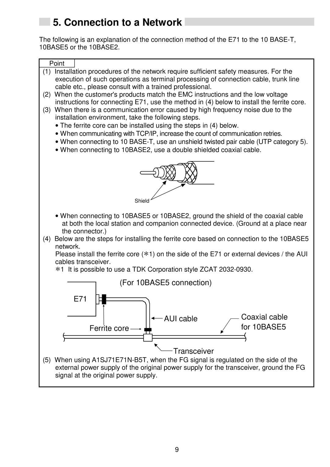 Mitsubishi E71N-U-HW, A1SJ71E71N-B5T, AJ71E71N-B2, A1SJ71E71N-B2, AJ71E71N-B5T user manual Connection to a Network, Transceiver 