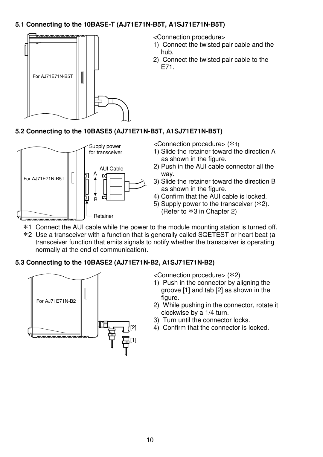 Mitsubishi E71N-U-HW, AJ71E71N-B2, A1SJ71E71N-B2 user manual Connecting to the 10BASE-T AJ71E71N-B5T, A1SJ71E71N-B5T 