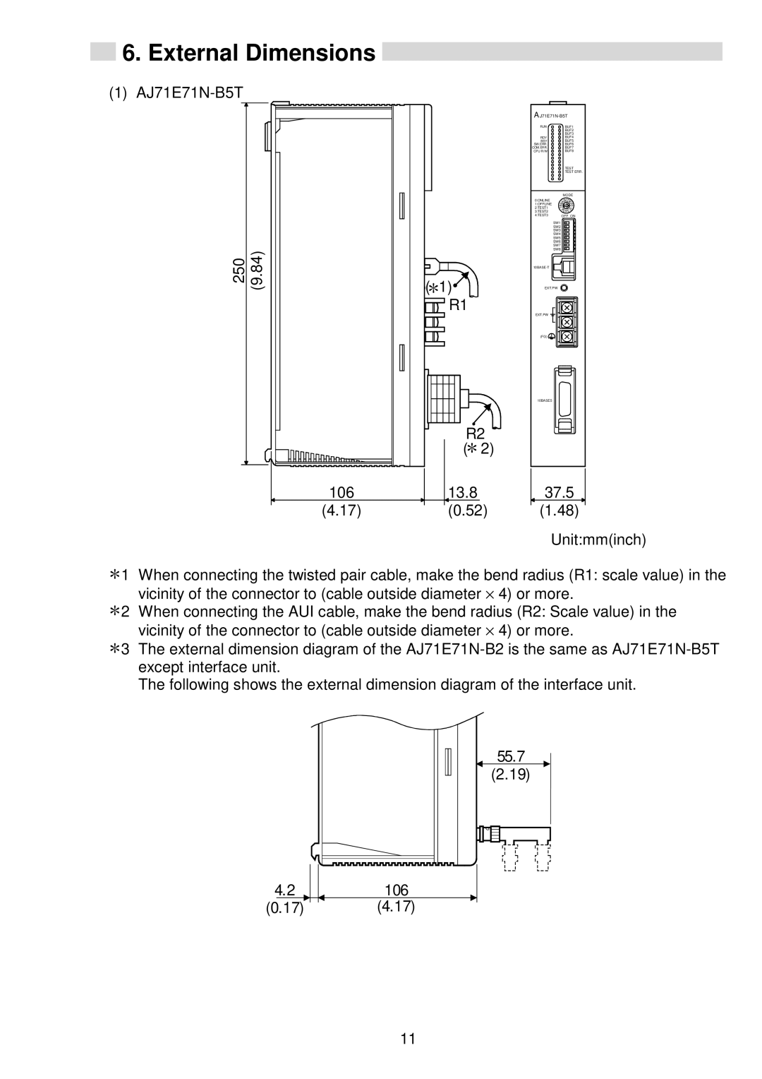 Mitsubishi AJ71E71N-B2, E71N-U-HW, A1SJ71E71N-B5T, A1SJ71E71N-B2 user manual External Dimensions, AJ71E71N-B5T 250 