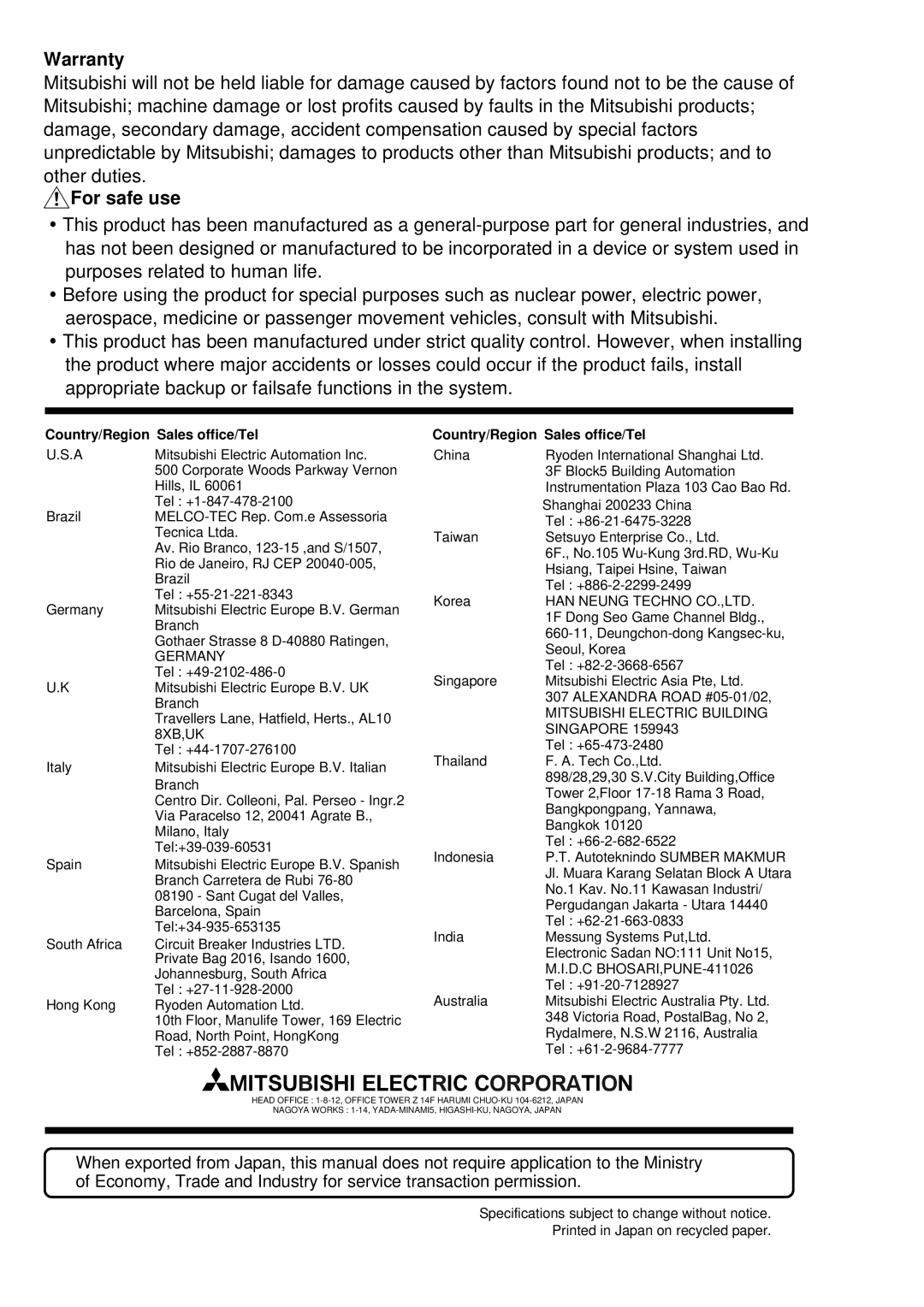 Mitsubishi AJ71E71N-B5T, E71N-U-HW, A1SJ71E71N-B5T, AJ71E71N-B2, A1SJ71E71N-B2 user manual Warranty, For safe use 