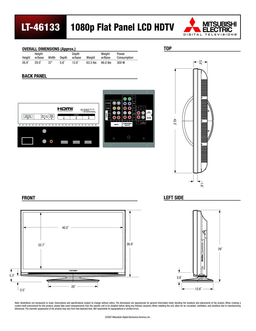 Mitsubishi Electronics dimensions LT-461331080p Flat Panel LCD Hdtv, Overall Dimensions Approx, Top 