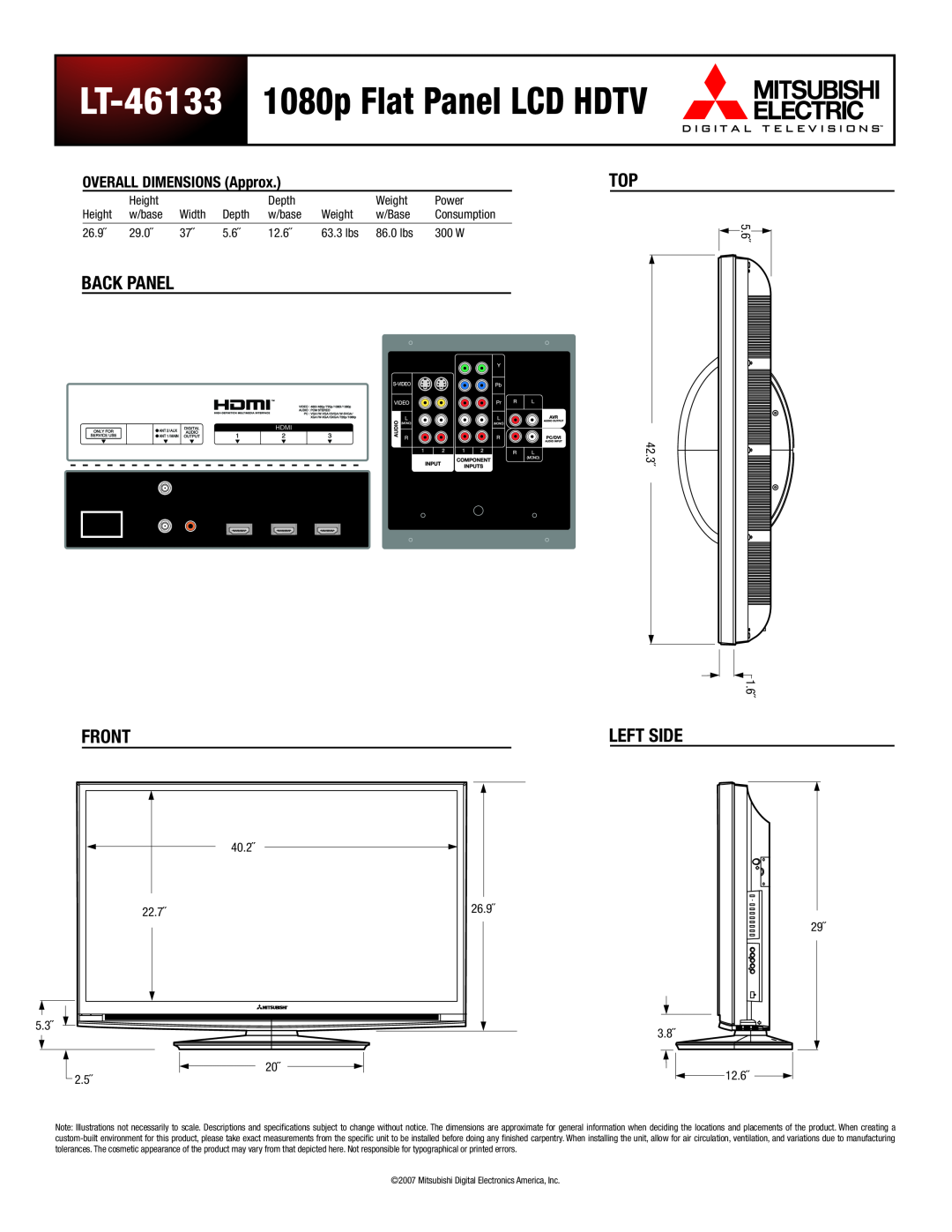 Mitsubishi Electronics dimensions LT-46133 1080p Flat Panel LCD HDTV, OVERALL DIMENSIONS Approx, Back Panel, Front 