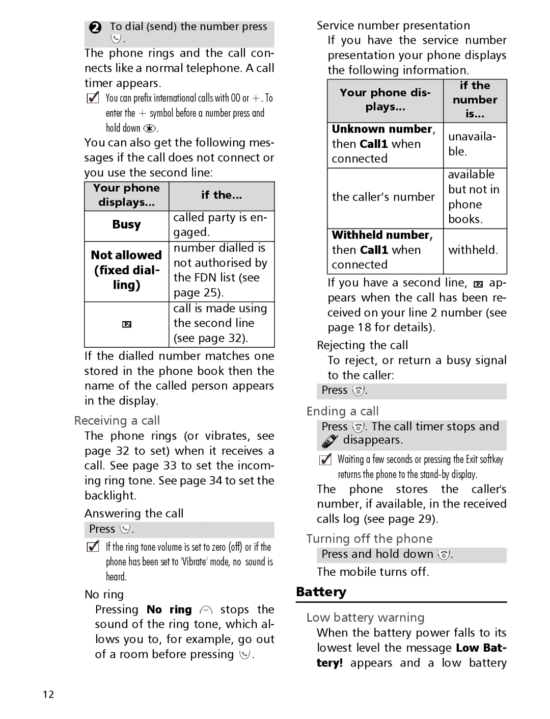 Mitsubishi Electronics 110 manual Battery, Receiving a call, Ending a call, Turning off the phone, Low battery warning 