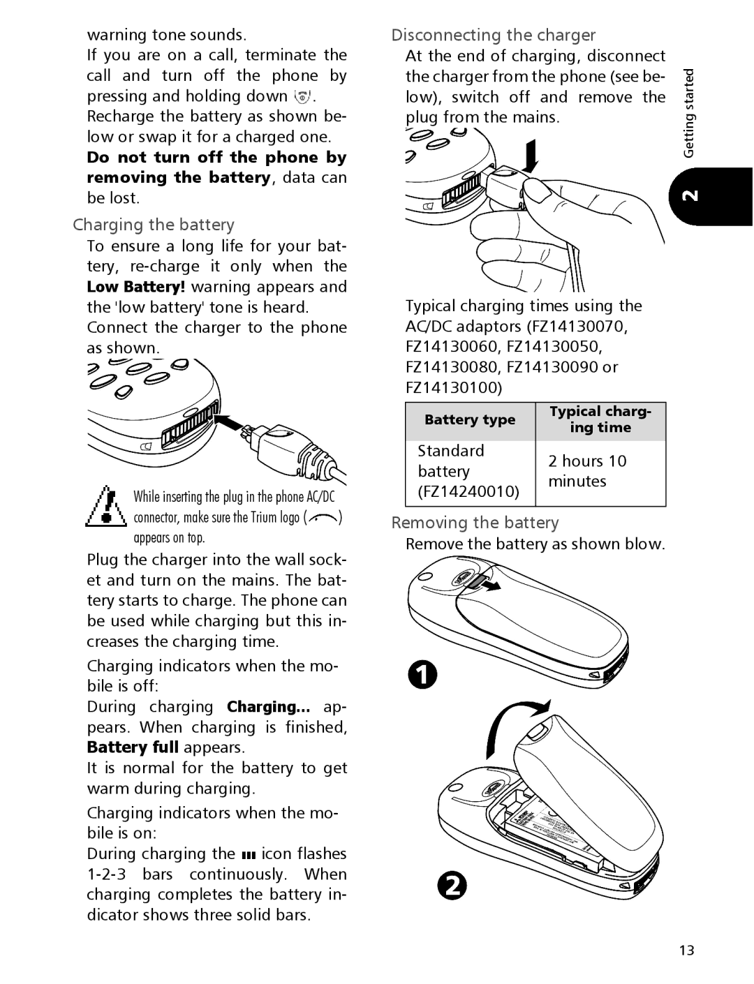 Mitsubishi Electronics 110 Charging the battery, Disconnecting the charger, Standard Hours Battery Minutes FZ14240010 