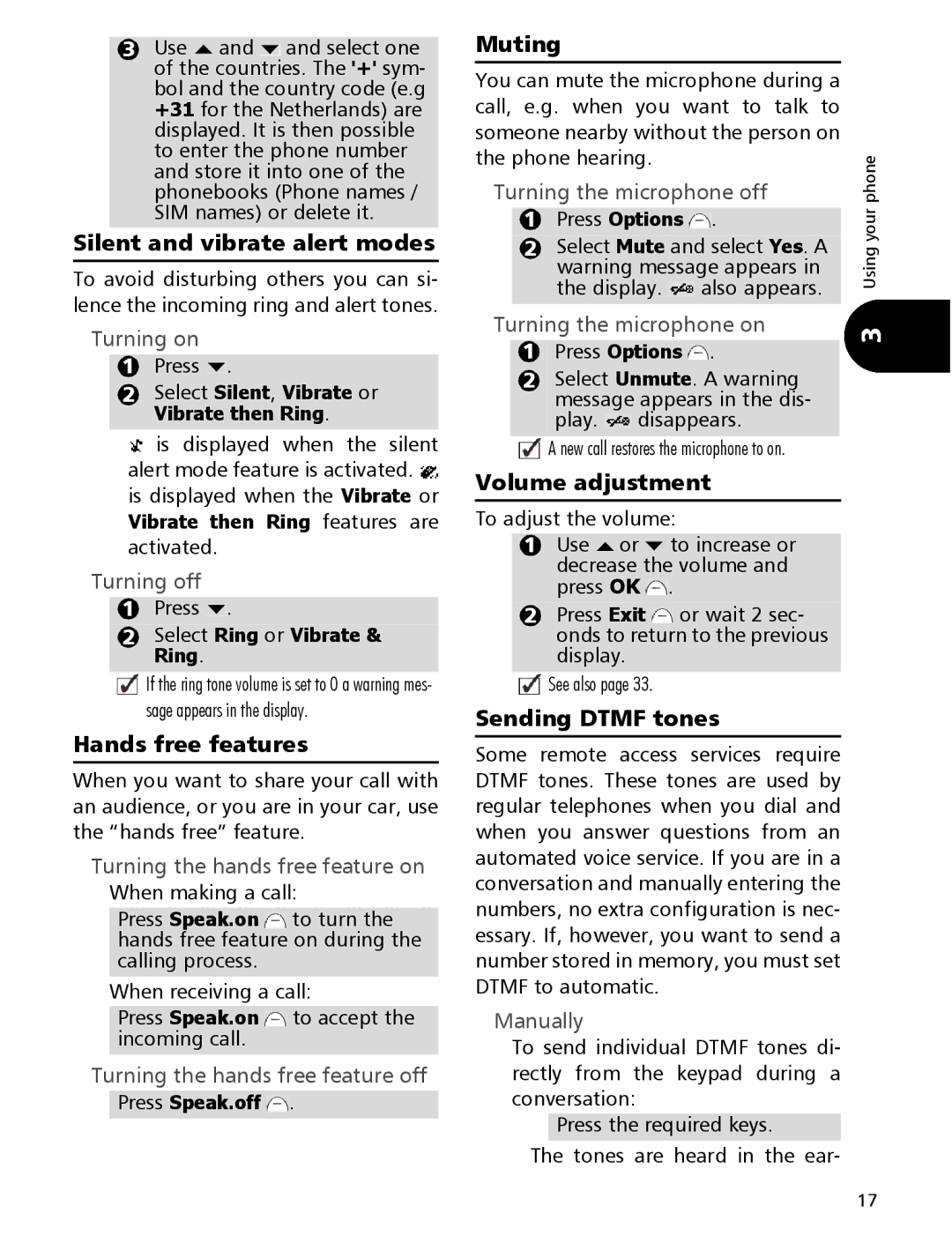 Mitsubishi Electronics 110 manual Silent and vibrate alert modes, Hands free features, Muting, Volume adjustment 