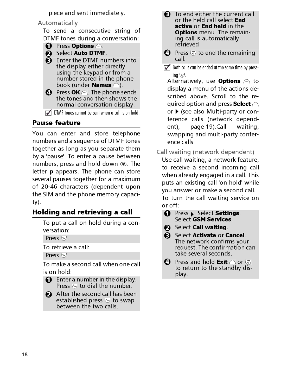 Mitsubishi Electronics 110 Pause feature, Holding and retrieving a call, Automatically, Call waiting network dependent 