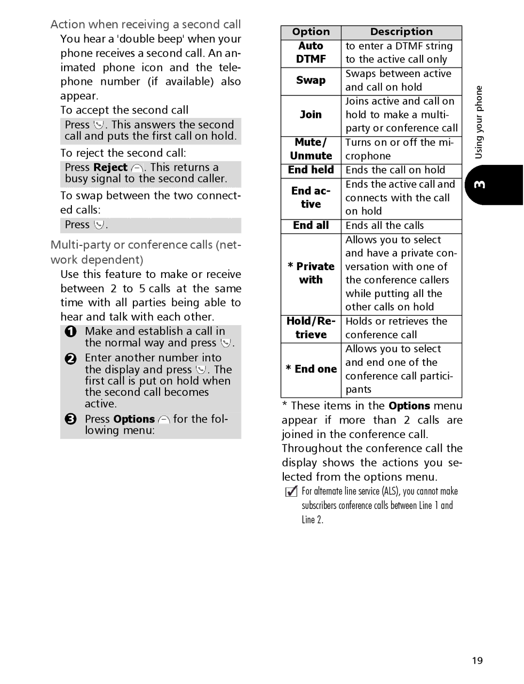 Mitsubishi Electronics 110 manual Action when receiving a second call, Multi-party or conference calls net- work dependent 