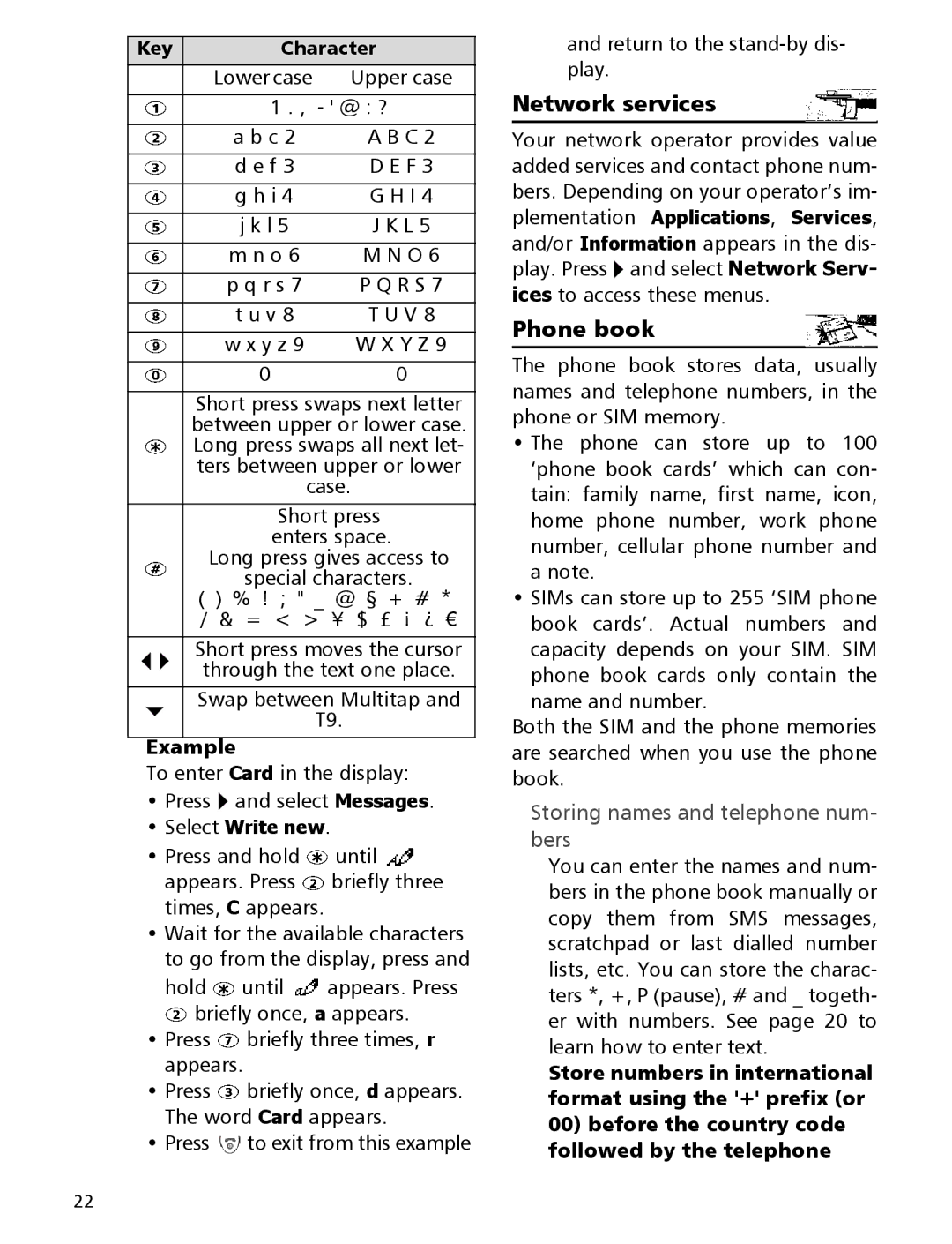 Mitsubishi Electronics 110 manual Network services, Phone book, @ ?, Storing names and telephone num- bers 