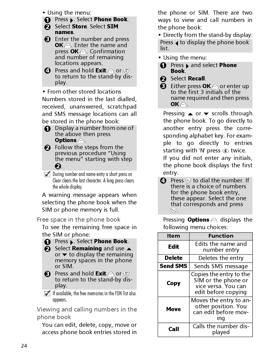 Mitsubishi Electronics 110 manual Free space in the phone book, Viewing and calling numbers in the phone book 