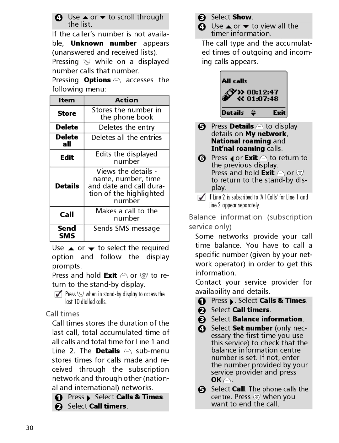 Mitsubishi Electronics 110 manual Call times, Balance information subscription service only 