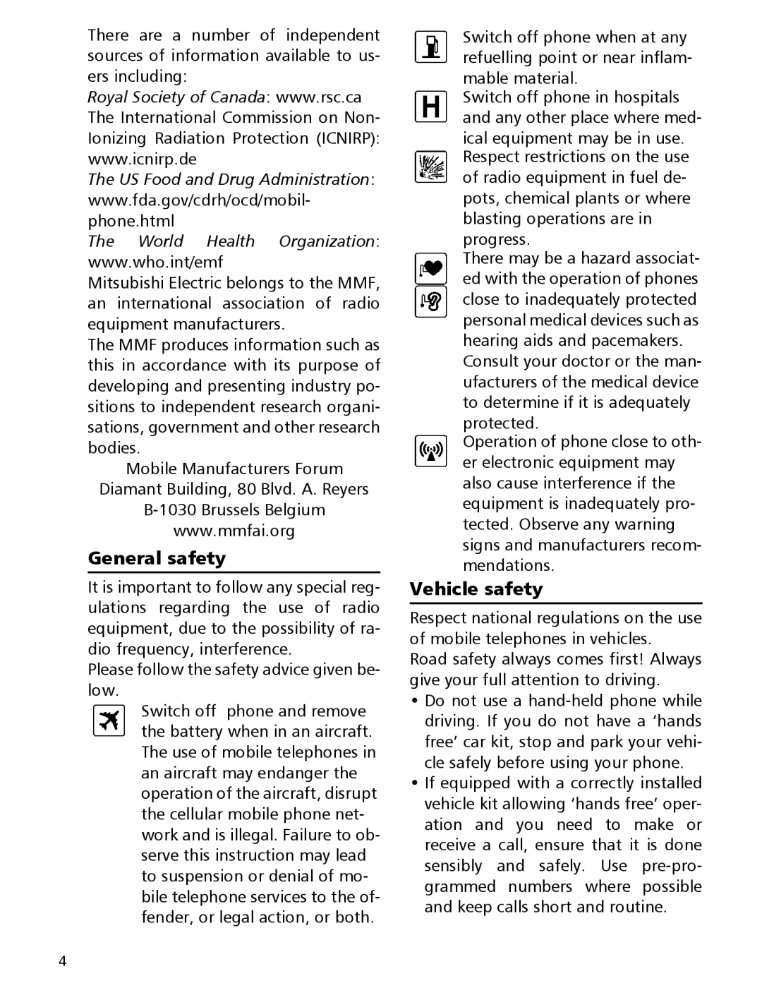 Mitsubishi Electronics 110 manual General safety, Vehicle safety 