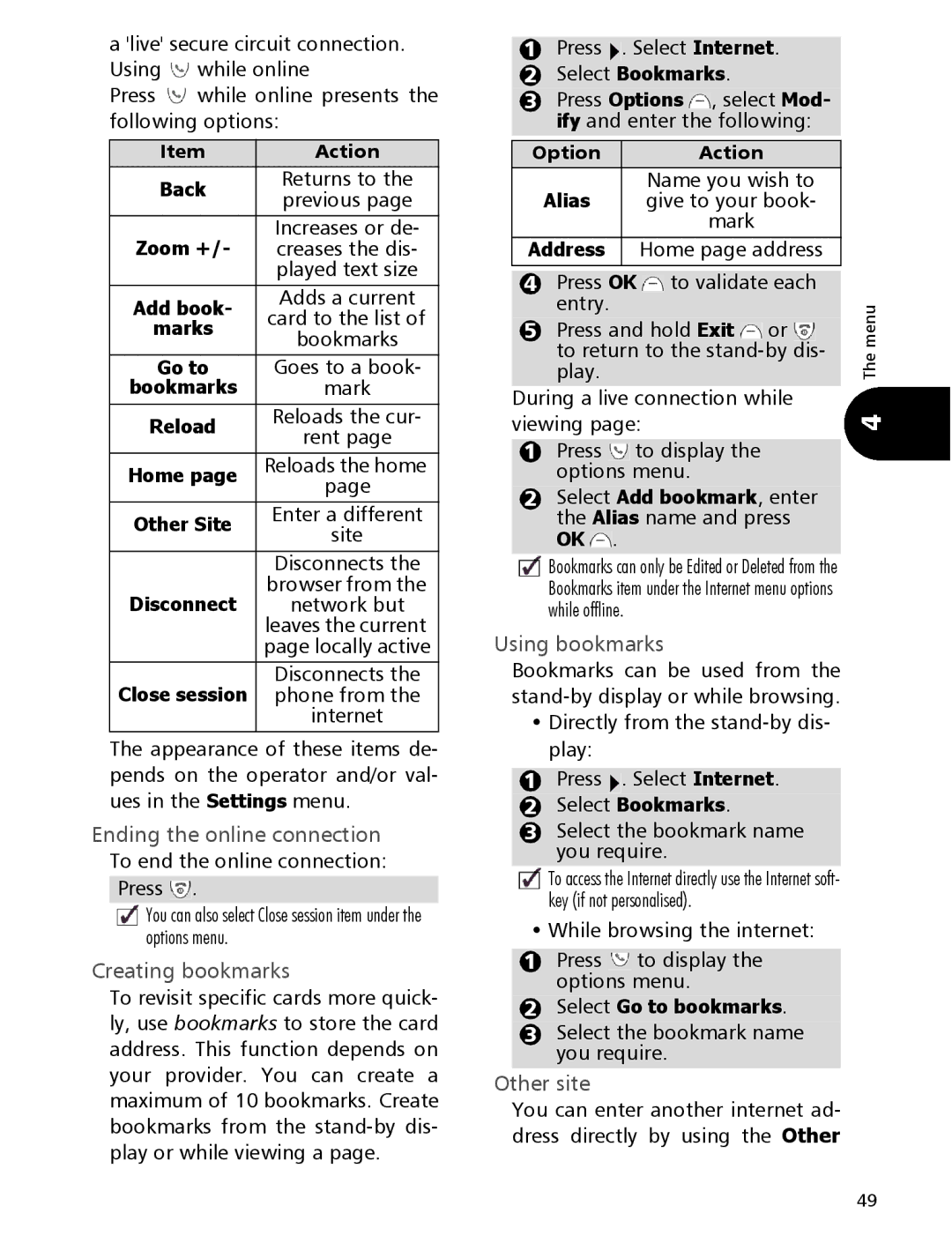 Mitsubishi Electronics 110 manual Ending the online connection, Creating bookmarks, Using bookmarks, Other site 