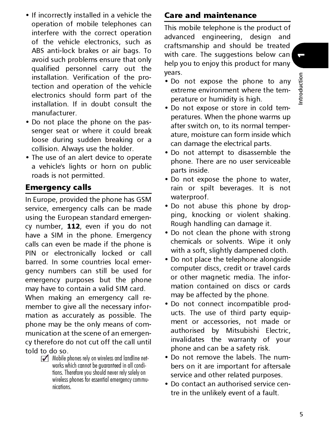 Mitsubishi Electronics 110 manual Emergency calls, Care and maintenance 