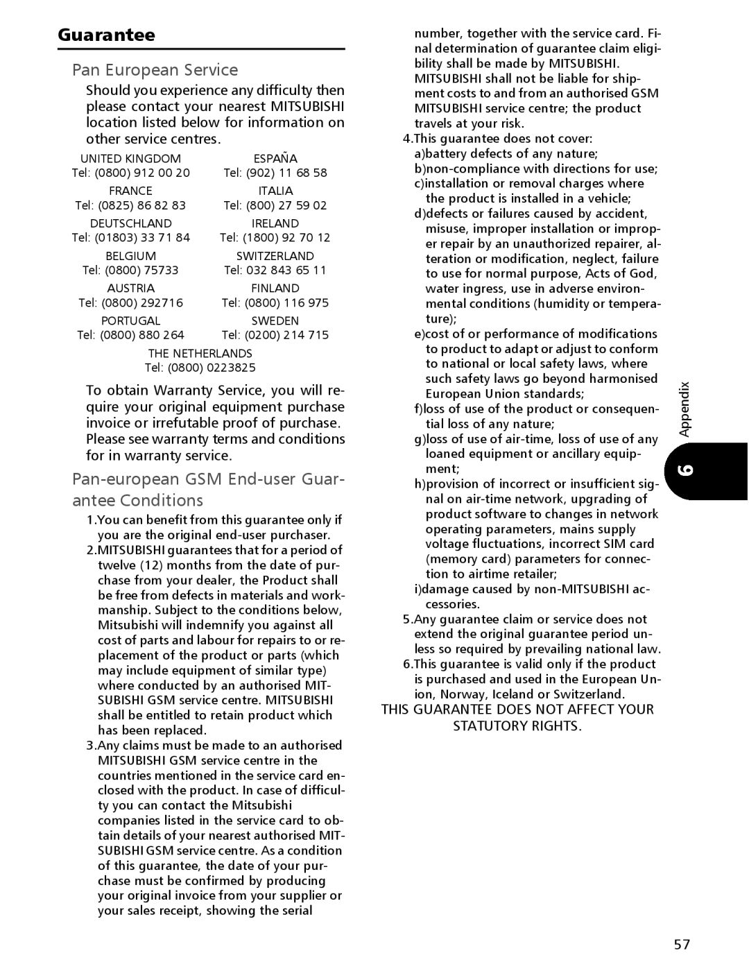 Mitsubishi Electronics 110 manual Guarantee, Pan European Service, Pan-european GSM End-user Guar- antee Conditions 