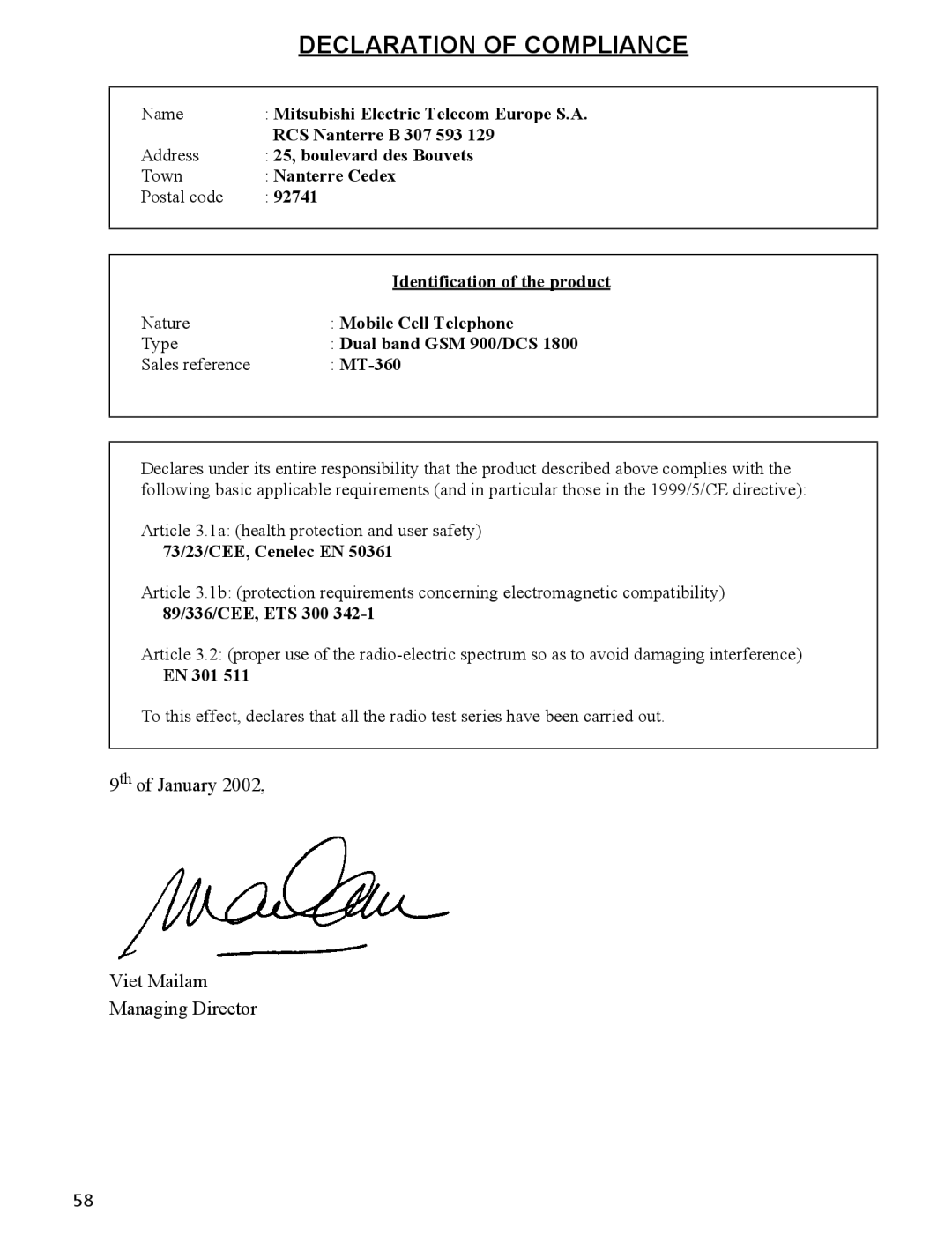 Mitsubishi Electronics 110 manual Declaration of Compliance 