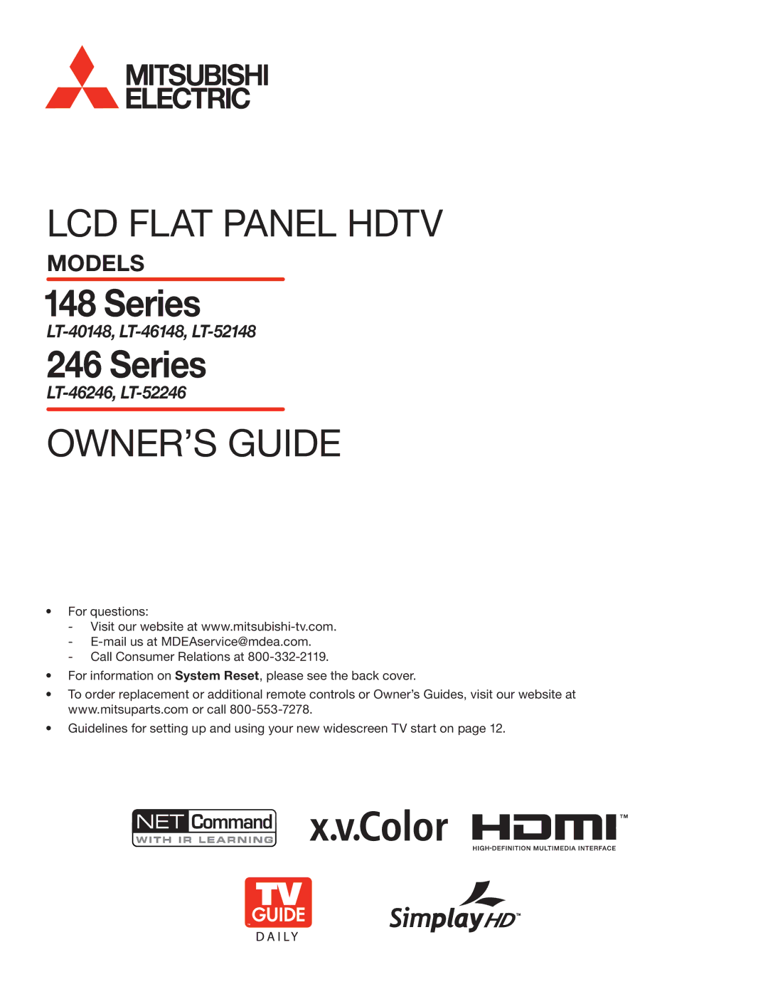 Mitsubishi Electronics 246 Series, 148 Series manual LT-40148, LT-46148, LT-52148, LT-46246, LT-52246 