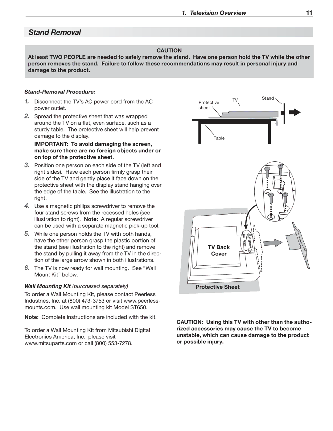 Mitsubishi Electronics 246 Series, 148 Series manual Stand Removal, Stand-Removal Procedure, TV Back Cover Protective Sheet 