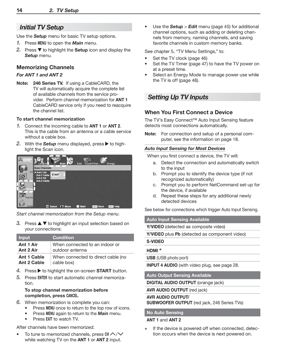 Mitsubishi Electronics 148 Series, 246 Series manual Initial TV Setup, Setting Up TV Inputs, Memorizing Channels 