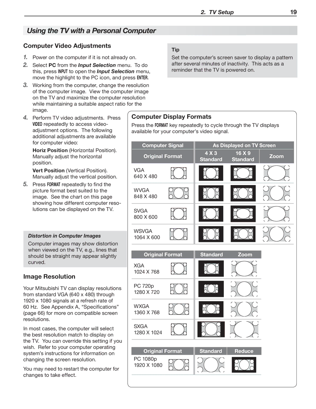 Mitsubishi Electronics 246 Series Using the TV with a Personal Computer, Computer Video Adjustments, Image Resolution 