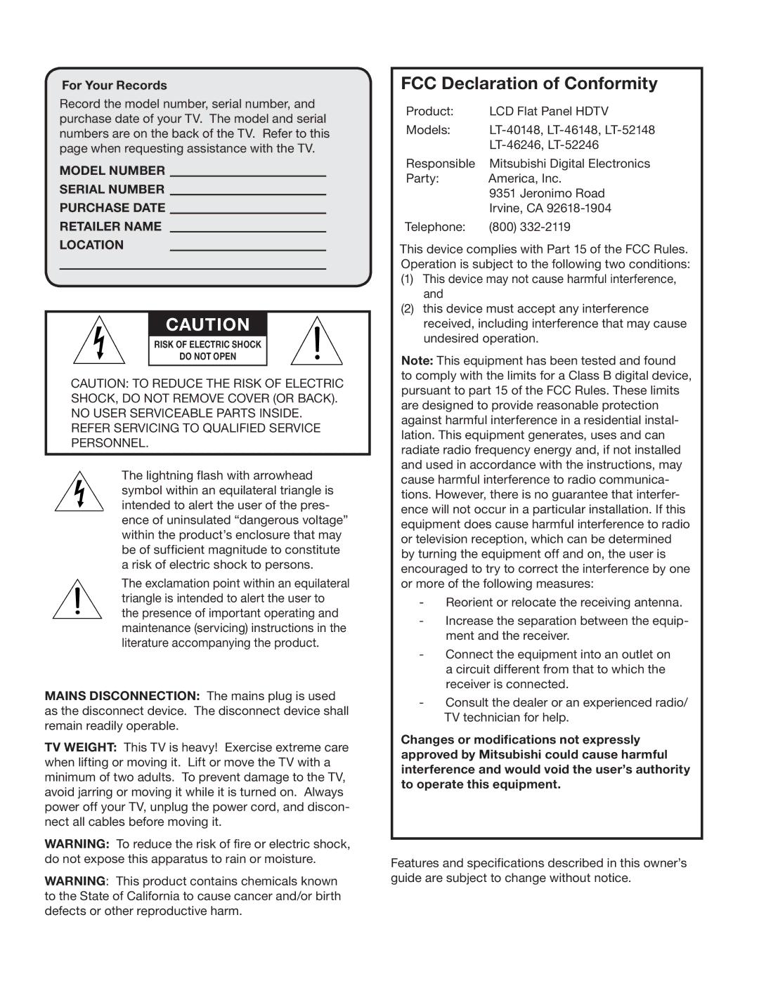 Mitsubishi Electronics 148 Series, 246 Series manual For Your Records, Refer Servicing to Qualified Service Personnel 