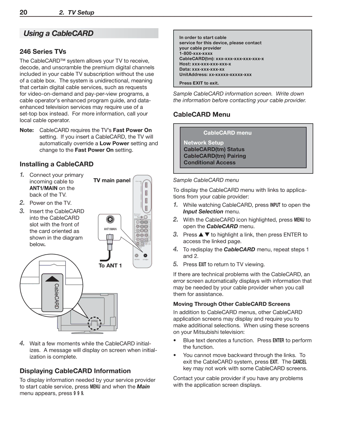 Mitsubishi Electronics 148 Series, 246 Series manual Using a CableCARD, Series TVs, Installing a CableCARD, CableCARD Menu 