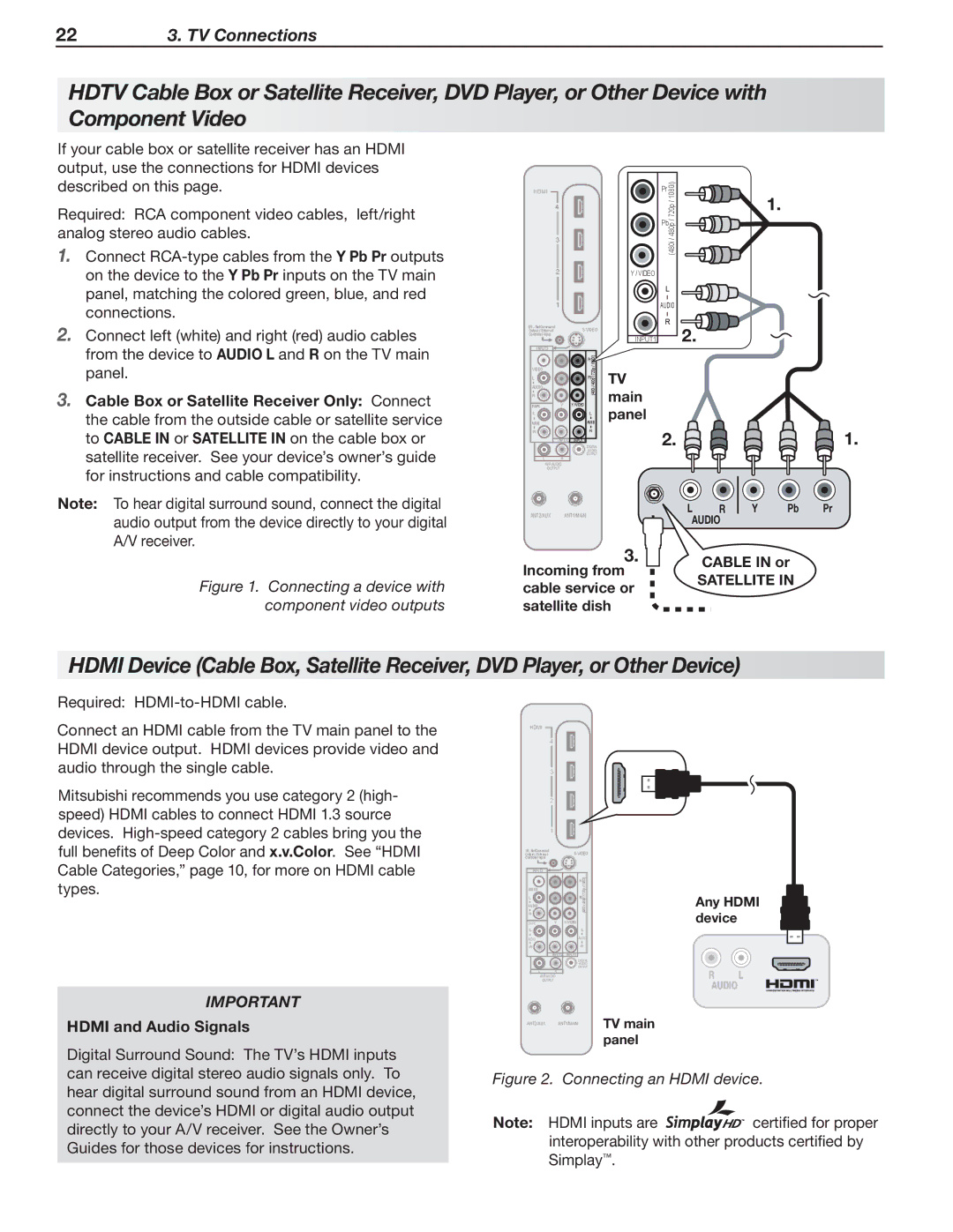 Mitsubishi Electronics 148 Series, 246 Series manual Incoming from, Cable service or, Satellite dish, Hdmi and Audio Signals 