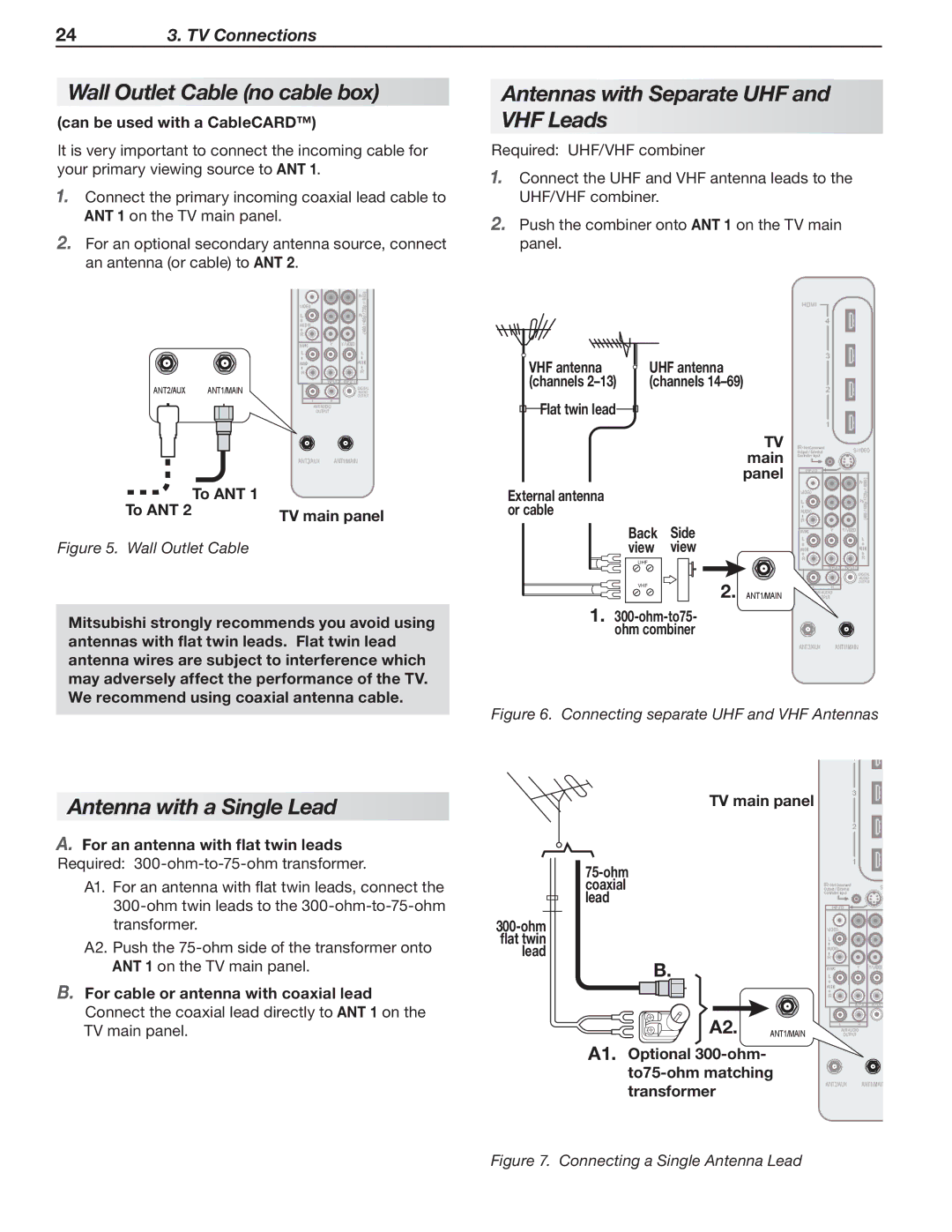 Mitsubishi Electronics 148 Series, 246 Series Wall Outlet Cable no cable box, Antennas with Separate UHF and VHF Leads 