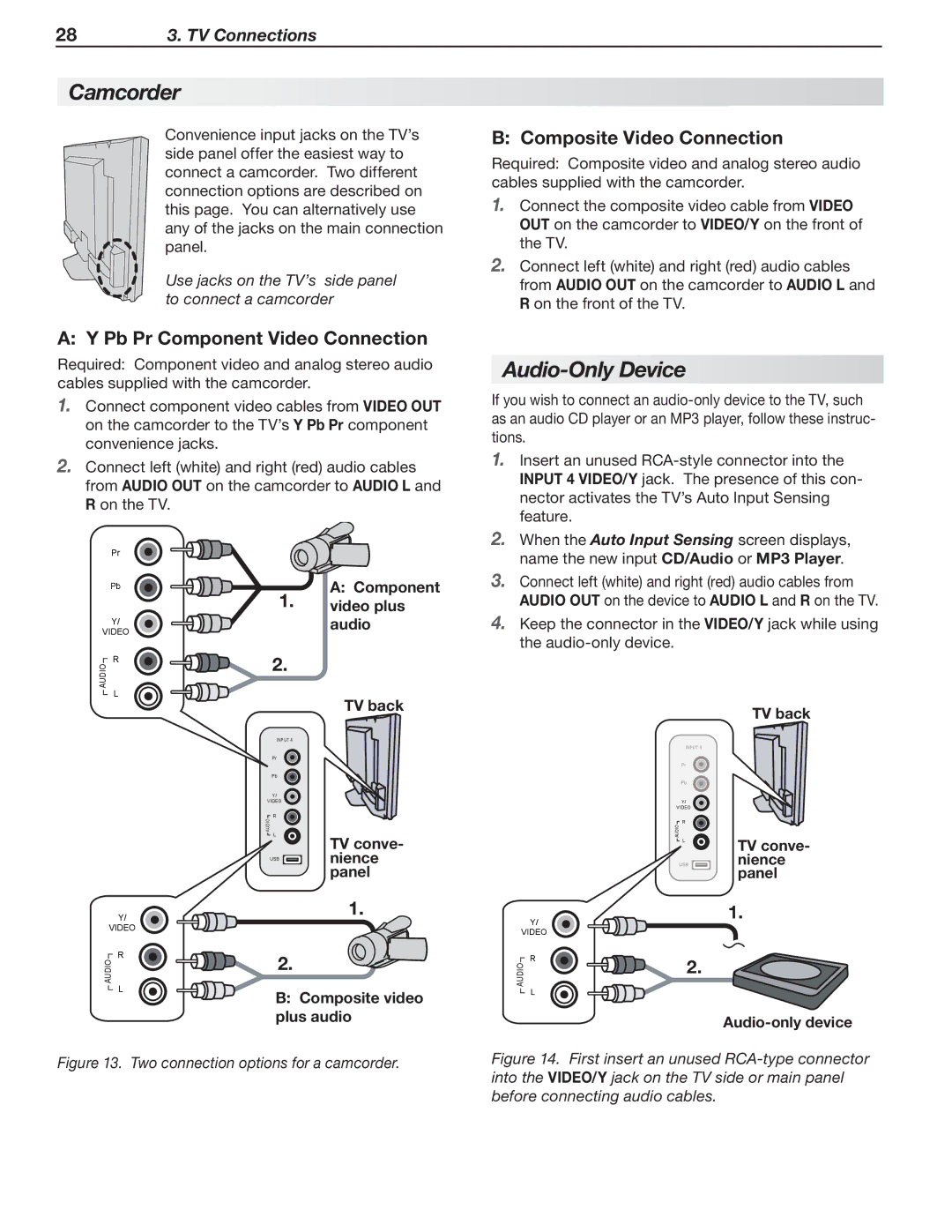 Mitsubishi Electronics 148 Series, 246 Series manual Camcorder, Audio-Only Device, Pb Pr Component Video Connection 