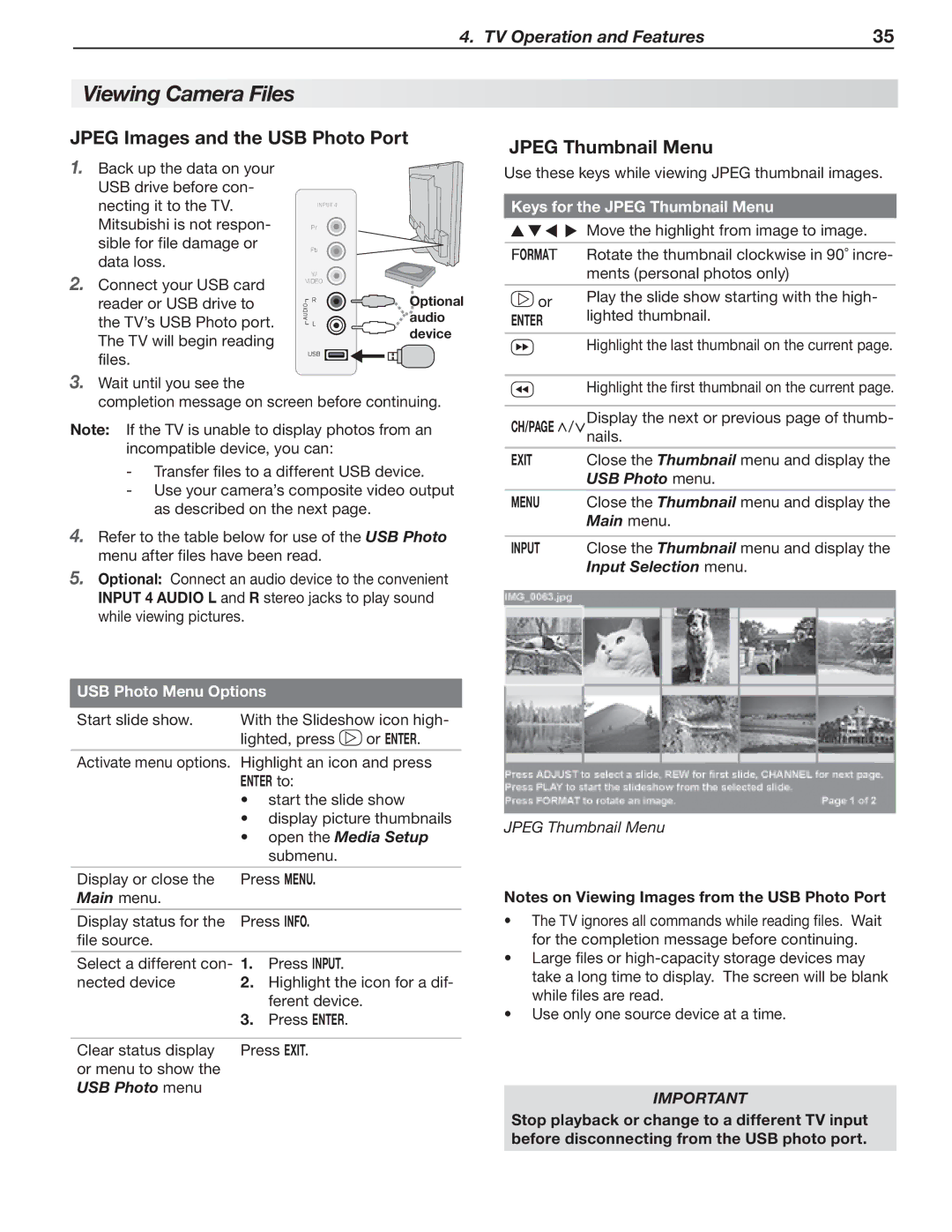 Mitsubishi Electronics 246 Series manual Viewing Camera Files, Jpeg Images and the USB Photo Port, Jpeg Thumbnail Menu 