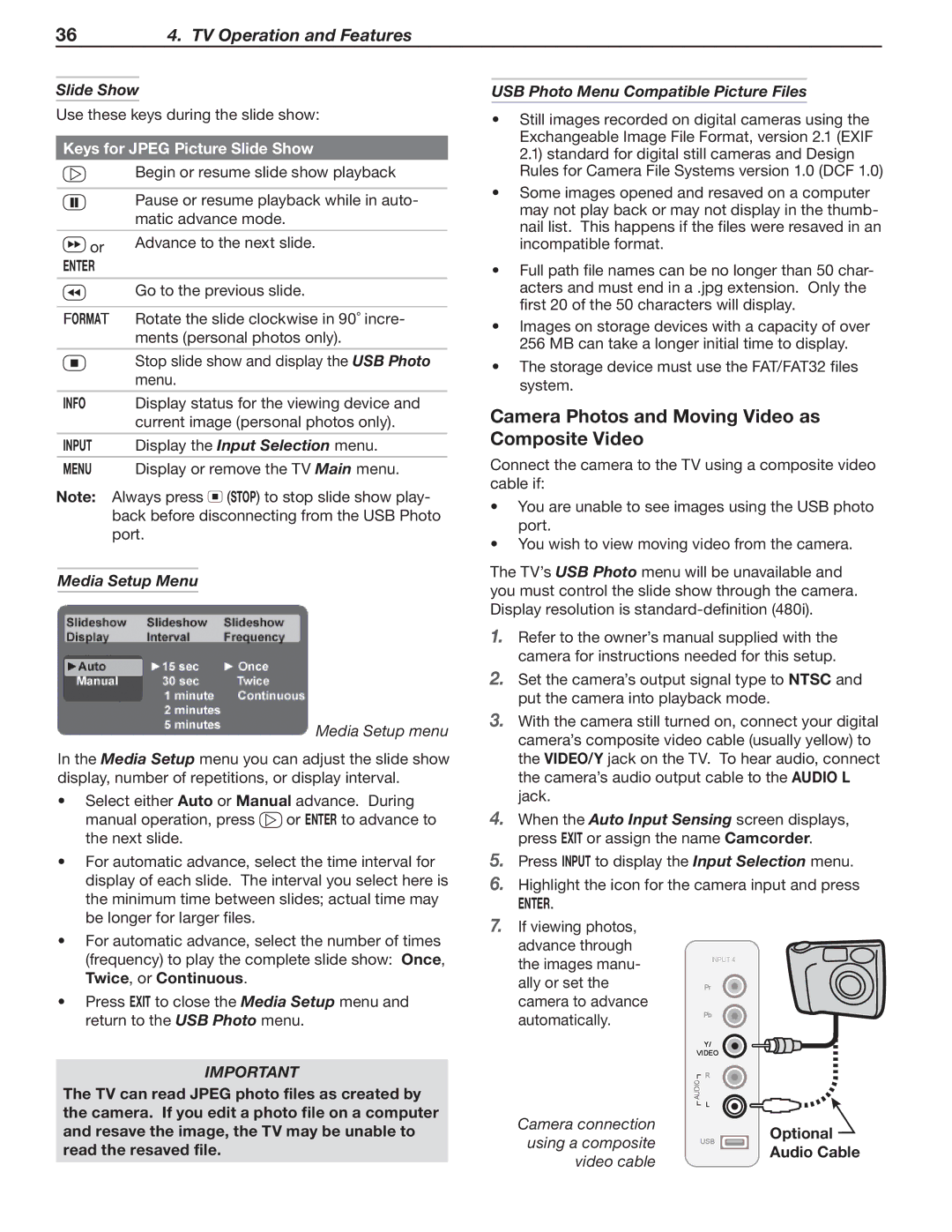 Mitsubishi Electronics 148 Series manual Camera Photos and Moving Video as Composite Video, Slide Show, Media Setup Menu 