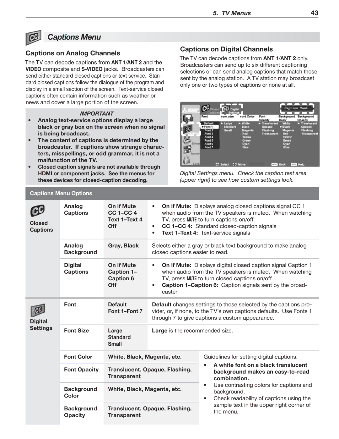 Mitsubishi Electronics 246 Series, 148 Series Captions Menu, Captions on Analog Channels, Captions on Digital Channels 