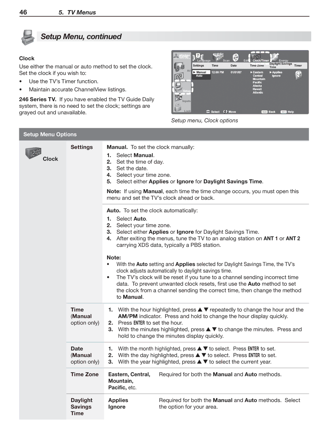 Mitsubishi Electronics 148 Series, 246 Series Clock, Manual, Date, Time Zone, Mountain Pacific, etc Daylight Applies 