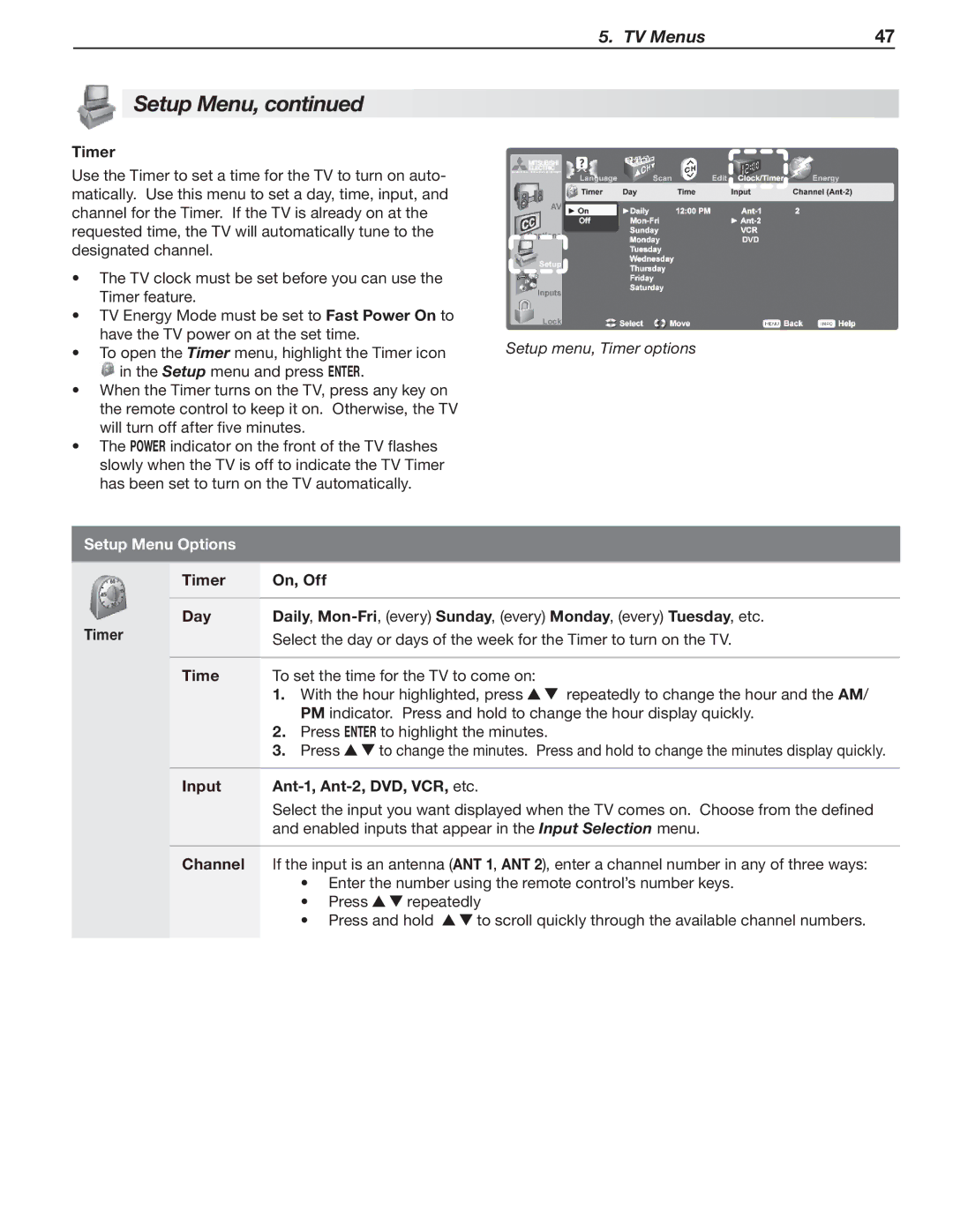 Mitsubishi Electronics 246 Series, 148 Series manual Setup menu, Timer options 