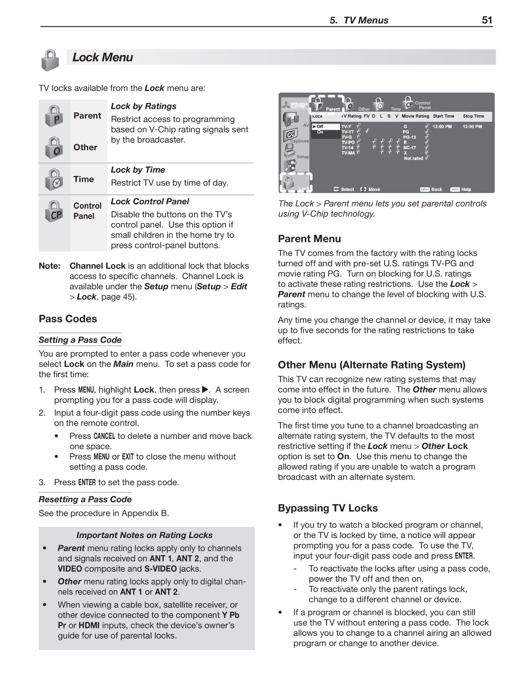 Mitsubishi Electronics 246 Series, 148 Series manual Lock Menu, Pass Codes, Parent Menu, Other Menu Alternate Rating System 