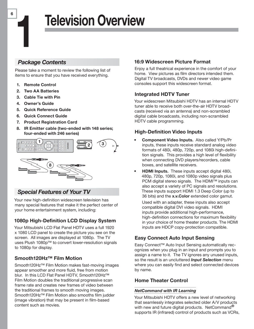 Mitsubishi Electronics 148 Series, 246 Series manual Package Contents, Special Features of Your TV 