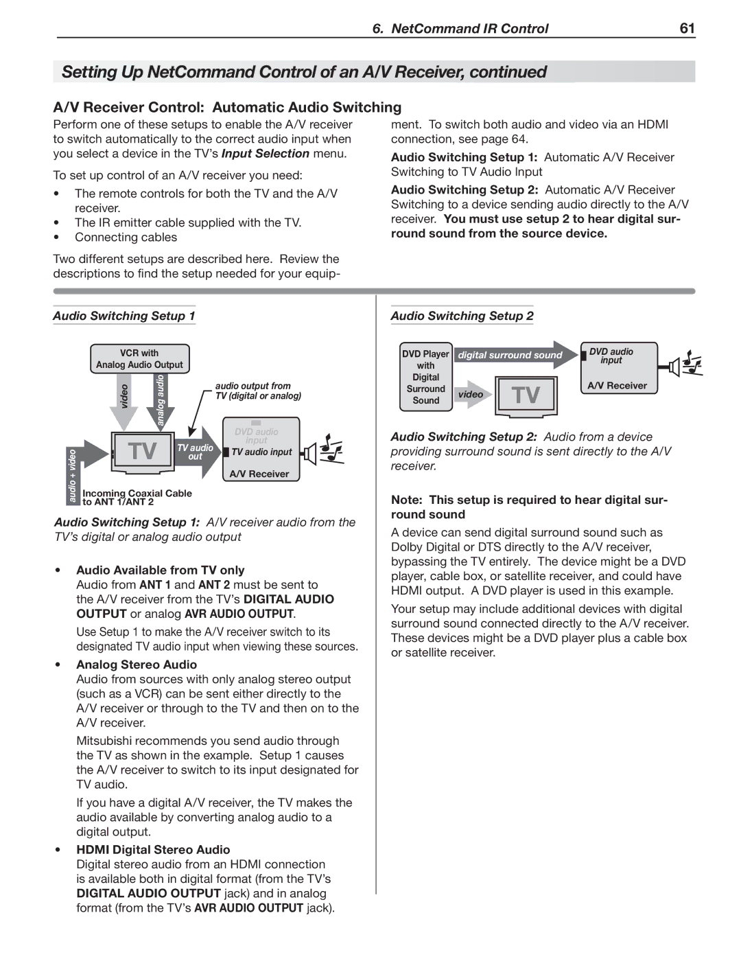 Mitsubishi Electronics 246 Series Receiver Control Automatic Audio Switching, Audio Switching Setup, Analog Stereo Audio 