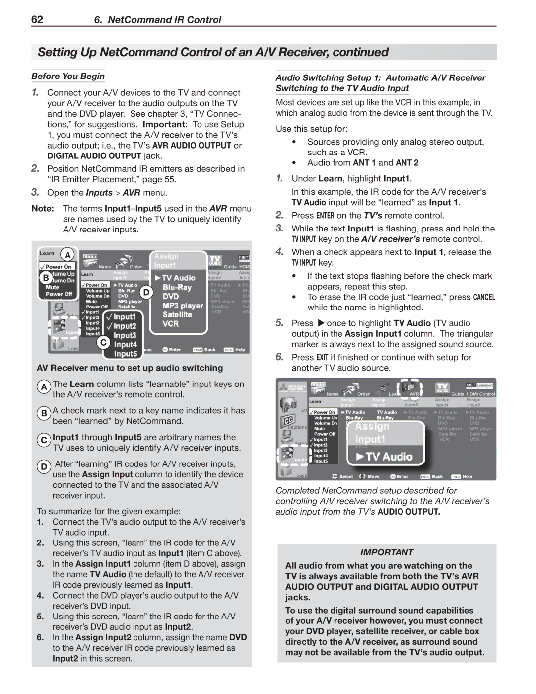 Mitsubishi Electronics 148 Series, 246 Series manual AV Receiver menu to set up audio switching 