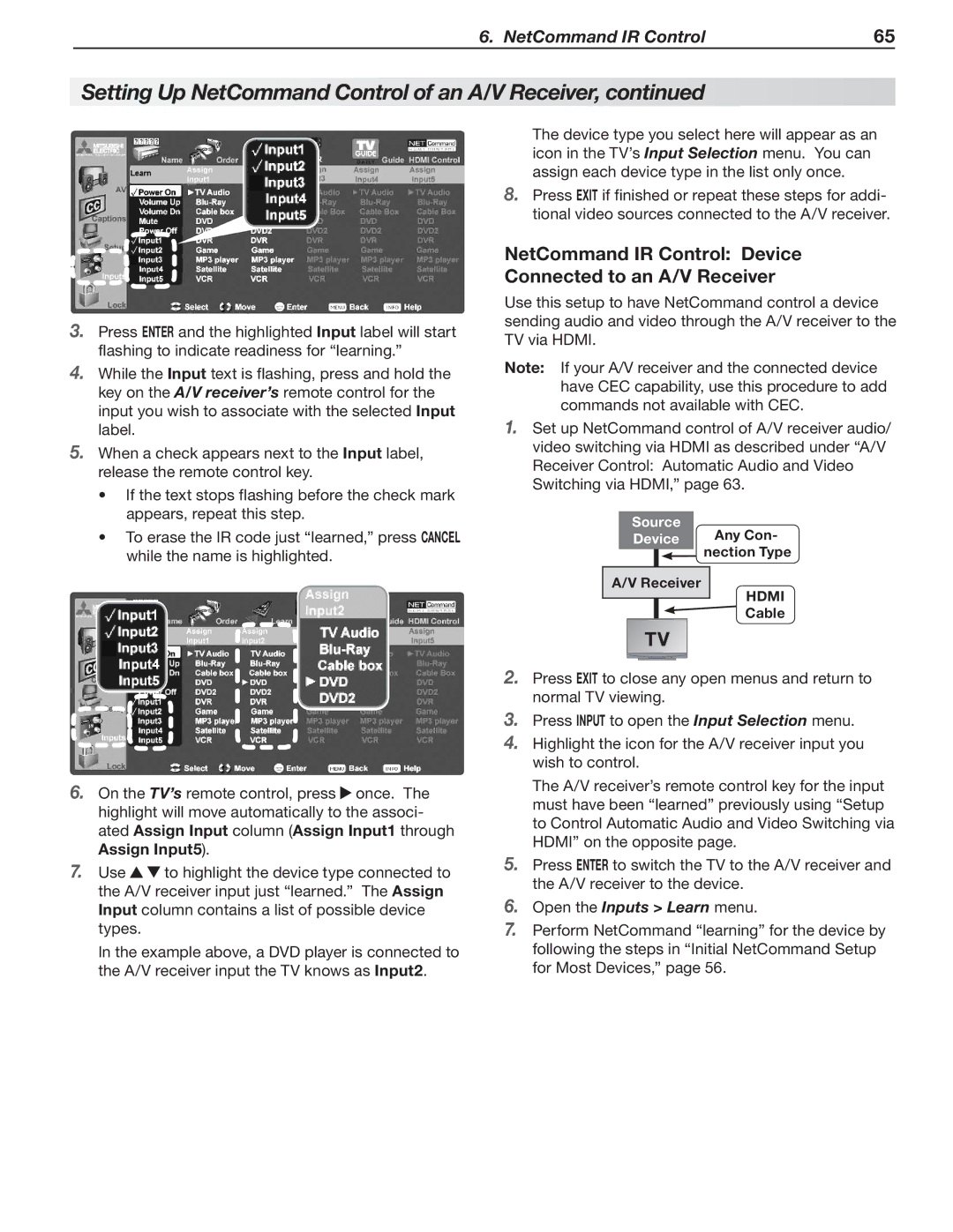 Mitsubishi Electronics 246 Series, 148 Series NetCommand IR Control Device Connected to an A/V Receiver, Assign Input5 