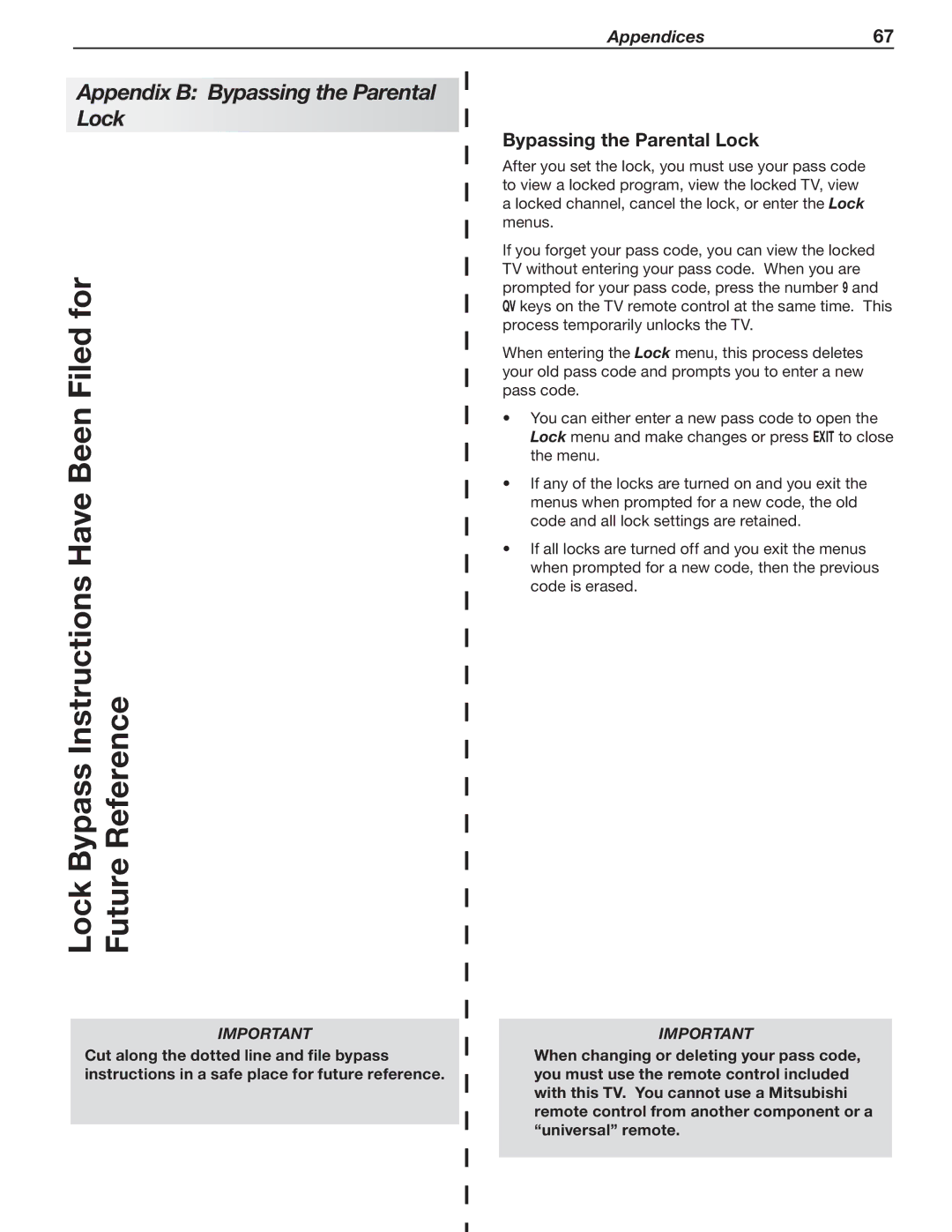 Mitsubishi Electronics 246 Series, 148 Series manual Appendix B Bypassing the Parental Lock 