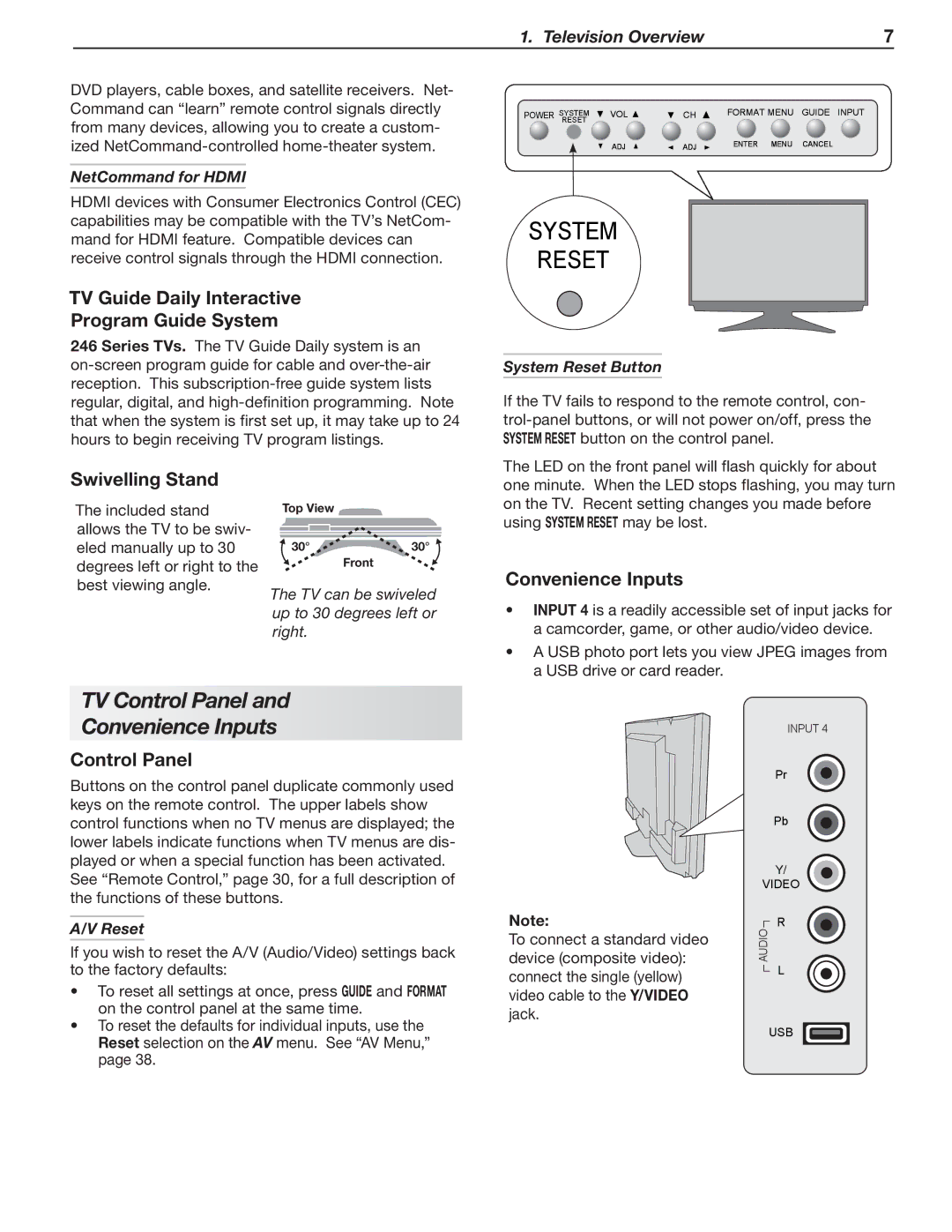 Mitsubishi Electronics 246 Series TV Control Panel Convenience Inputs, TV Guide Daily Interactive Program Guide System 