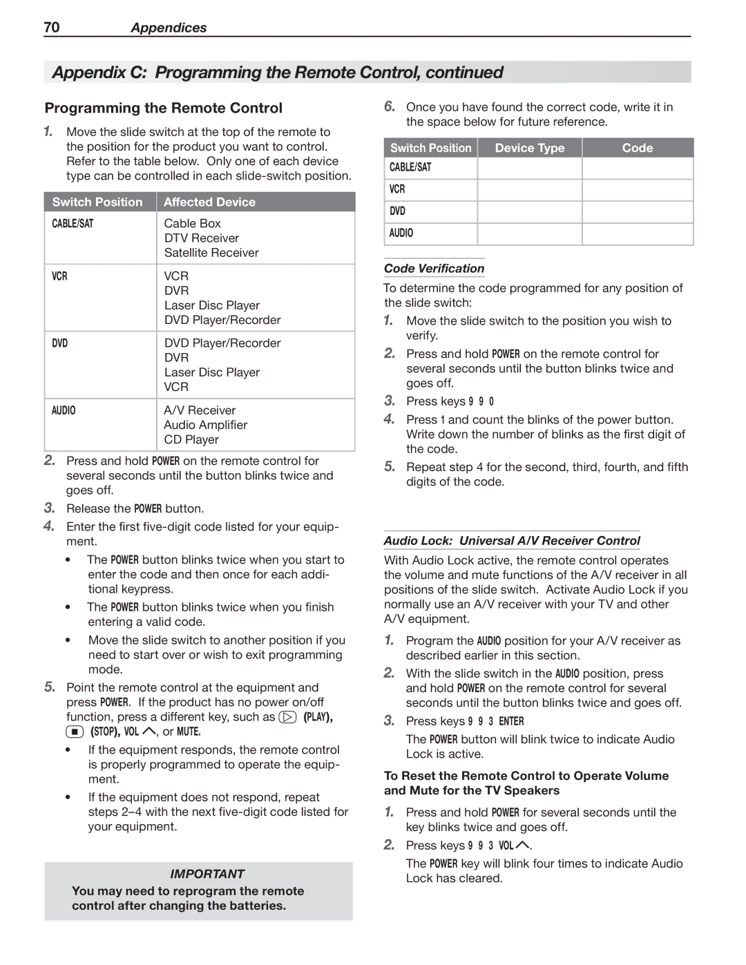 Mitsubishi Electronics 148 Series manual Programming the Remote Control, Dvd, CABLE/SAT VCR DVD Audio, Code Verification 