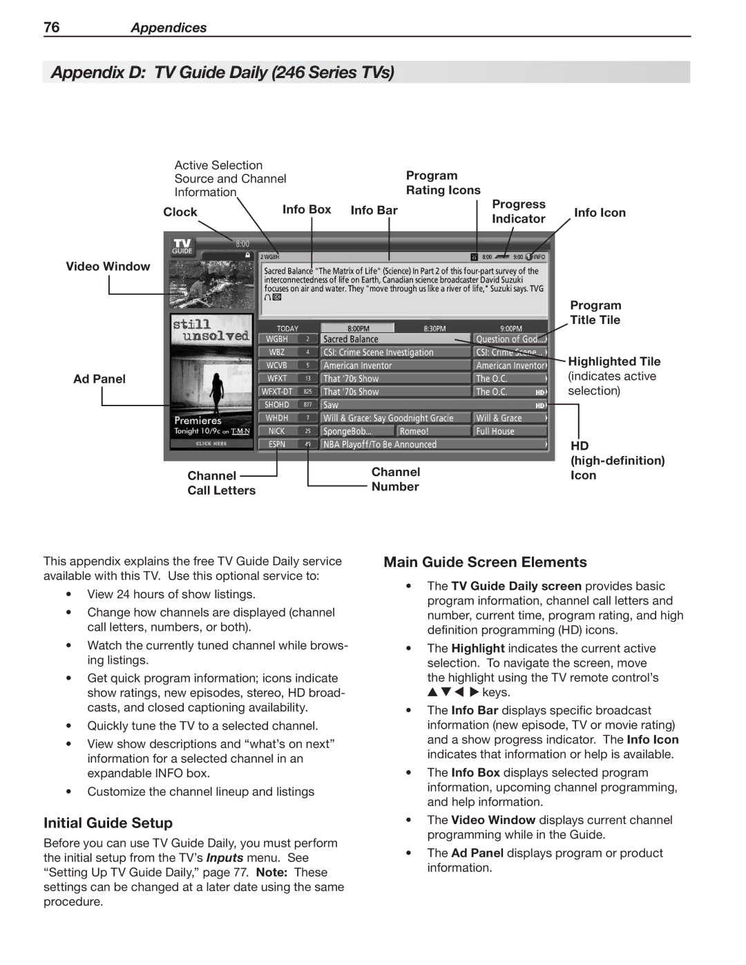 Mitsubishi Electronics 148 Series manual Appendix D TV Guide Daily 246 Series TVs, Main Guide Screen Elements 