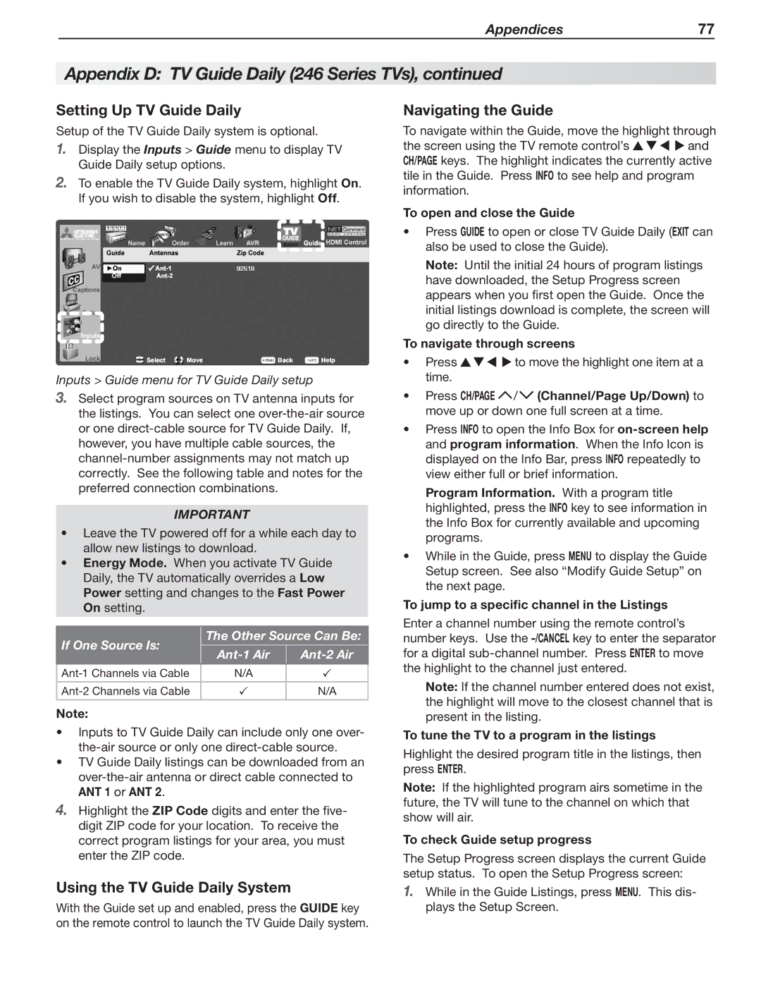 Mitsubishi Electronics 246 Series manual Setting Up TV Guide Daily, Navigating the Guide, Using the TV Guide Daily System 